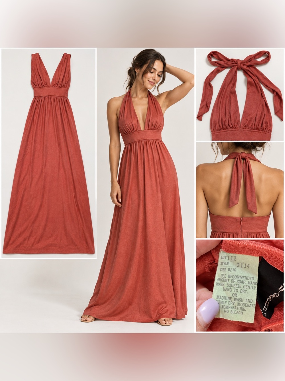 Y2K Joy Stevens California Coral Halter Maxi Dress Vintage Size 9/10